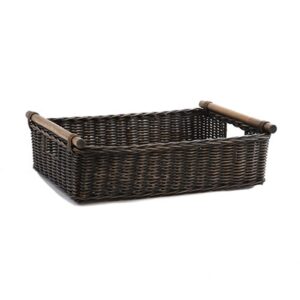 the basket lady low pole handle wicker storage basket, large, 19.5 in l x 12.5 in w x 6 in h, antique walnut brown