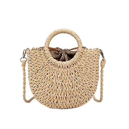 Rattan Handmade Straw Tote Handbag Beach Shoulder Bag Summer Beach Rattan Bag Straw Bag (White)