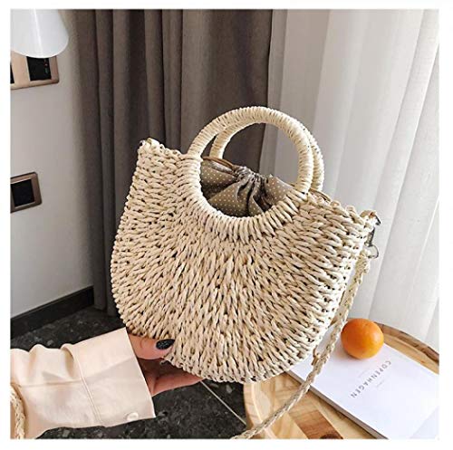 Rattan Handmade Straw Tote Handbag Beach Shoulder Bag Summer Beach Rattan Bag Straw Bag (White)