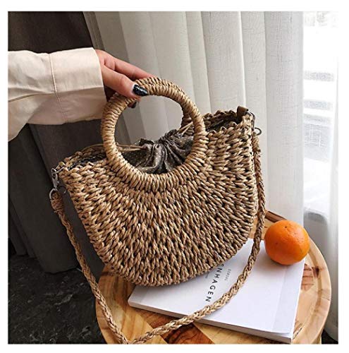 Rattan Handmade Straw Tote Handbag Beach Shoulder Bag Summer Beach Rattan Bag Straw Bag (White)