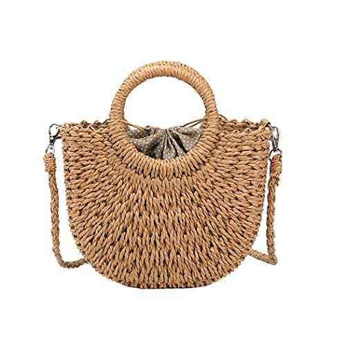 Rattan Handmade Straw Tote Handbag Beach Shoulder Bag Summer Beach Rattan Bag Straw Bag (White)