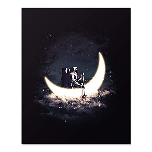 Outer Space Wall Art - Astronomy Artwork of Astronaut Rowing in Crescent Moon With A Universe of Stars 8 x 10 Inch Unframed Planet Decor