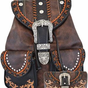 Western Style Tooled Buckle Women Country Backpack School Bag Concealed Carry Daypack Biker Purse Wallet (Coffee Set)