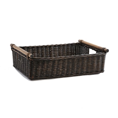 The Basket Lady Low Pole Handle Wicker Storage Basket, Extra Large, 21.5 in L x 14.5 in W x 6.5 in H, Antique Walnut Brown