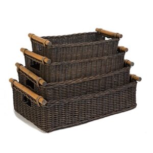 The Basket Lady Low Pole Handle Wicker Storage Basket, Extra Large, 21.5 in L x 14.5 in W x 6.5 in H, Antique Walnut Brown