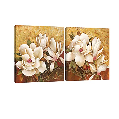 Pyradecor Magnolia Flowers Modern 2 Piece Stretched Floral Canvas Prints Oil Paintings Artwork Style Brown Pictures on Canvas Wall art for Living Room Bedroom Home Decorations