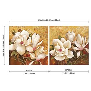 Pyradecor Magnolia Flowers Modern 2 Piece Stretched Floral Canvas Prints Oil Paintings Artwork Style Brown Pictures on Canvas Wall art for Living Room Bedroom Home Decorations