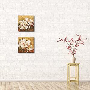 Pyradecor Magnolia Flowers Modern 2 Piece Stretched Floral Canvas Prints Oil Paintings Artwork Style Brown Pictures on Canvas Wall art for Living Room Bedroom Home Decorations