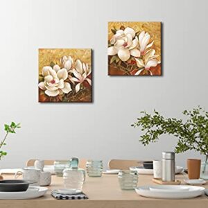 Pyradecor Magnolia Flowers Modern 2 Piece Stretched Floral Canvas Prints Oil Paintings Artwork Style Brown Pictures on Canvas Wall art for Living Room Bedroom Home Decorations