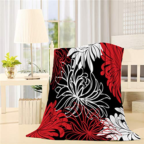 COLORSUM Soft Flannel Throw Blanket Chrysanthemum Flower Red Black White Cozy Plush Bed Blanket Lightweight Throw for Sofa Couch Bed 50 x 60 inches