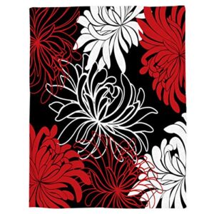 COLORSUM Soft Flannel Throw Blanket Chrysanthemum Flower Red Black White Cozy Plush Bed Blanket Lightweight Throw for Sofa Couch Bed 50 x 60 inches