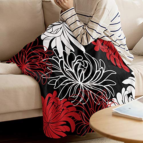 COLORSUM Soft Flannel Throw Blanket Chrysanthemum Flower Red Black White Cozy Plush Bed Blanket Lightweight Throw for Sofa Couch Bed 50 x 60 inches