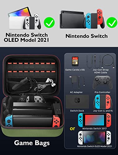 COOWPS Carrying Storage Case for Nintendo Switch/Switch OLED Model, Portable Full Protection Hard Shell Soft Lining Travel Bag for Switch Console Pro Controller Accessories Green