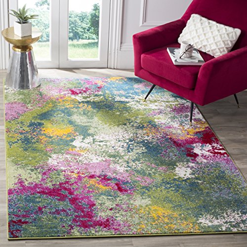 SAFAVIEH Watercolor Collection 6'7" x 9' Green / Fuchsia WTC697C Colorful Boho Abstract Non-Shedding Living Room Bedroom Dining Home Office Area Rug