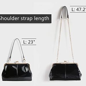 Vintage Kiss Lock Handbags Shiny Patent Leather Evening Shoulder Tote Bags with Chain Strap (Black)