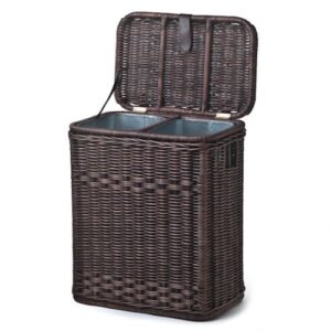 the basket lady divided wicker recycling basket with removable metal liner, 20 in l x 13 in w x 24 in h, antique walnut brown