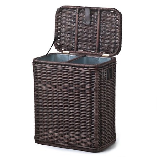 The Basket Lady Divided Wicker Recycling Basket with Removable Metal Liner, 20 in L x 13 in W x 24 in H, Antique Walnut Brown