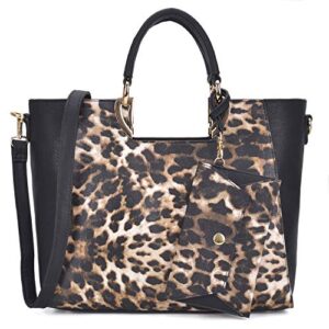 dasein womens tote satchel top handle shoulder bag two tone purse handbag w/coin purse leopard