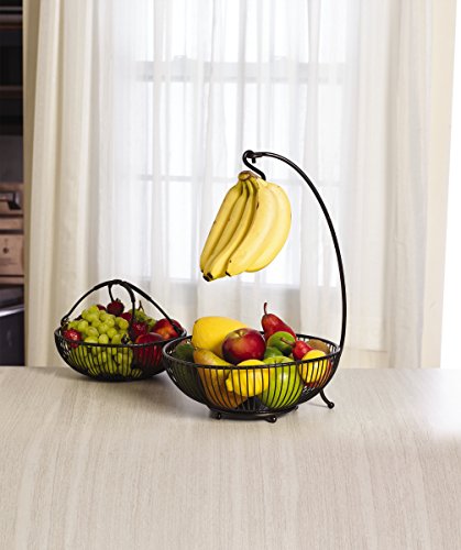 Gourmet Basics by Mikasa Spindle Adjustable 2-Tier Basket with Banana Hook, Black with Gold Antiquing