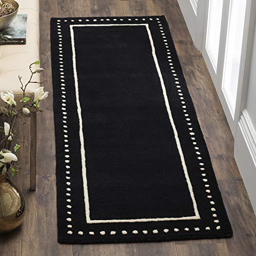 SAFAVIEH Bella Collection 2'3" x 7' Navy Blue/Ivory BEL151G Handmade Dotted Border Premium Wool Runner Rug