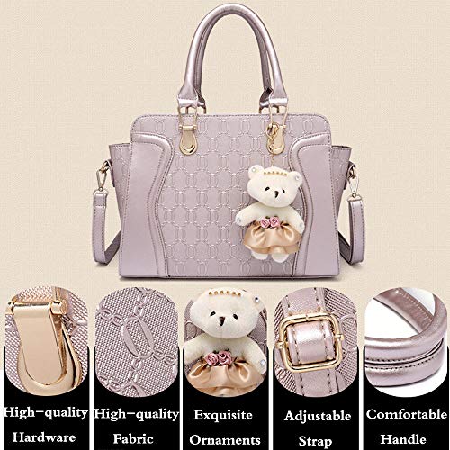 FiveloveTwo Women Ladies 4Pcs Handbag Set Tote Satchel Shoulder Bag PU Top Handle Bag Purse Clutch Card Holder with Bear Ornament Black