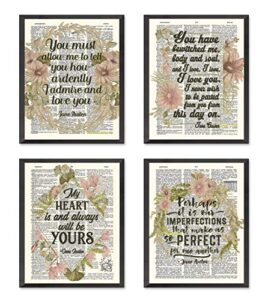 jane austen quote wall art prints, set of 4, unframed, vintage highlighted dictionary page floral wall art decor poster sign, 8×10