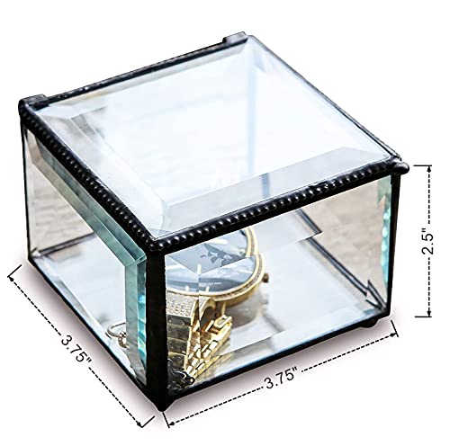 Retro Clear Glass Box Keepsake Jewelry Trinket Boxes Home Decor, Beveled Glass Display Box, 3.75x3.75x3 in