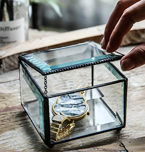 Retro Clear Glass Box Keepsake Jewelry Trinket Boxes Home Decor, Beveled Glass Display Box, 3.75x3.75x3 in