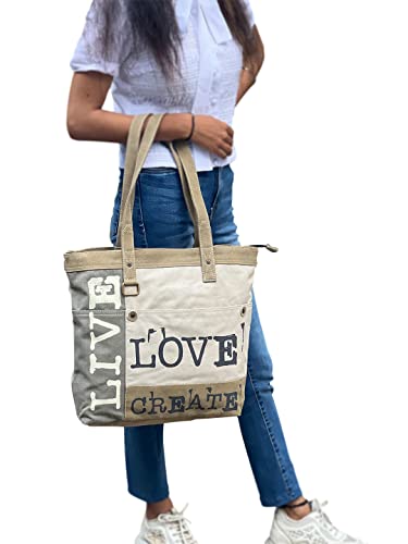 Mona B. Vintage Recycled Upcycled Canvas Life Is Short with Vegan Leather Trim (Tote)