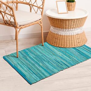 100% Cotton Rag Rug 2x3' - Multicolor Chindi Rug - Hand Woven & Reversible for Living Room Kitchen Entryway Rug - Teal,Kitchen Rugs, Farmhouse Rugs, Rugs for Living & Bedroom,Woven Rugs