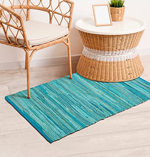 100% Cotton Rag Rug 2x3' - Multicolor Chindi Rug - Hand Woven & Reversible for Living Room Kitchen Entryway Rug - Teal,Kitchen Rugs, Farmhouse Rugs, Rugs for Living & Bedroom,Woven Rugs