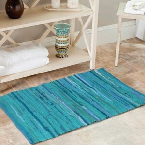 100% Cotton Rag Rug 2x3' - Multicolor Chindi Rug - Hand Woven & Reversible for Living Room Kitchen Entryway Rug - Teal,Kitchen Rugs, Farmhouse Rugs, Rugs for Living & Bedroom,Woven Rugs