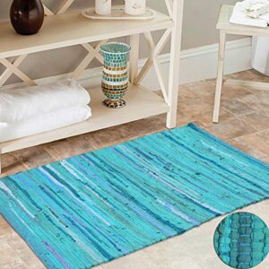 100% Cotton Rag Rug 2x3' - Multicolor Chindi Rug - Hand Woven & Reversible for Living Room Kitchen Entryway Rug - Teal,Kitchen Rugs, Farmhouse Rugs, Rugs for Living & Bedroom,Woven Rugs