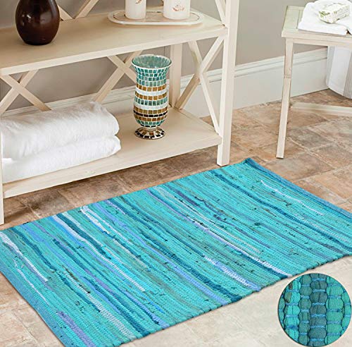 100% Cotton Rag Rug 2x3' - Multicolor Chindi Rug - Hand Woven & Reversible for Living Room Kitchen Entryway Rug - Teal,Kitchen Rugs, Farmhouse Rugs, Rugs for Living & Bedroom,Woven Rugs