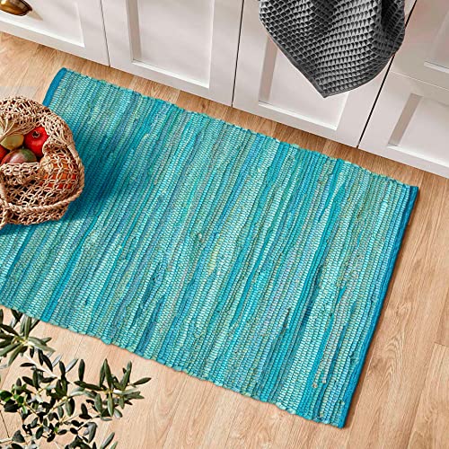 100% Cotton Rag Rug 2x3' - Multicolor Chindi Rug - Hand Woven & Reversible for Living Room Kitchen Entryway Rug - Teal,Kitchen Rugs, Farmhouse Rugs, Rugs for Living & Bedroom,Woven Rugs