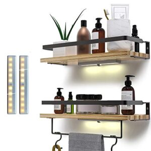 eava floating shelves, lighted wall mounted shelves,paulownia wood wall storage shelves for bathroom, kitchen and bedroom,set of 2 with removable towel holder and hooks.