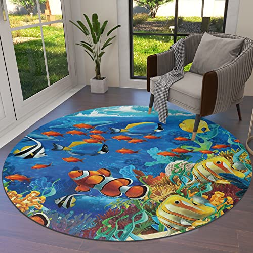 Ocean Theme Area Rug Round Rugs 3ft, Underwater World Fish Sea Collection Area Runner Circle Rug (Non-Slip) Carpets Kids Living Room Bedroom Indoor Outdoor Nursery Rugs Décor