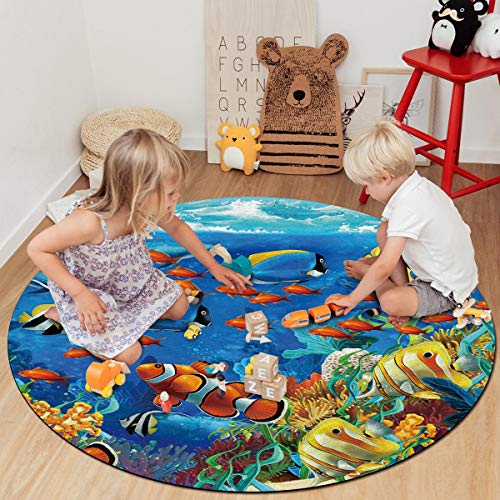 Ocean Theme Area Rug Round Rugs 3ft, Underwater World Fish Sea Collection Area Runner Circle Rug (Non-Slip) Carpets Kids Living Room Bedroom Indoor Outdoor Nursery Rugs Décor