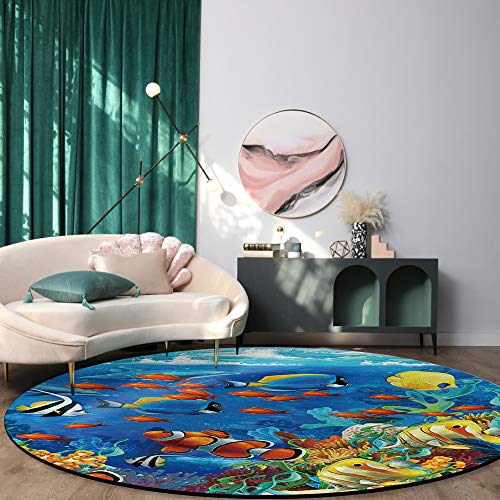 Ocean Theme Area Rug Round Rugs 3ft, Underwater World Fish Sea Collection Area Runner Circle Rug (Non-Slip) Carpets Kids Living Room Bedroom Indoor Outdoor Nursery Rugs Décor