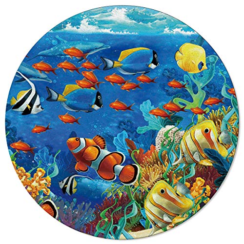 Ocean Theme Area Rug Round Rugs 3ft, Underwater World Fish Sea Collection Area Runner Circle Rug (Non-Slip) Carpets Kids Living Room Bedroom Indoor Outdoor Nursery Rugs Décor