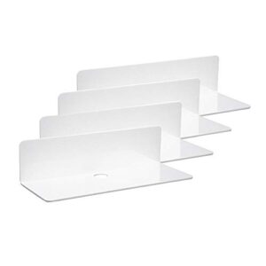 ieek 9 inch acrylic floating shelves set of 4,small wall display shelf for bluetooth speakers/security cameras/nintendo switch/action figures,damage-free wall shelves stick-on shelf,white