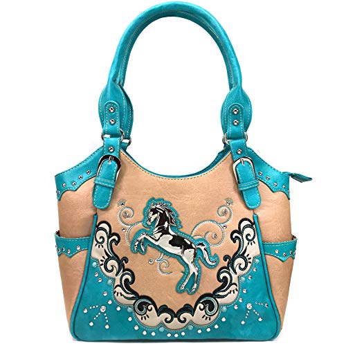 Zelris Western Mustang Horse Turquoise Embroidery Conceal Carry Women Tote Purse (Tan)