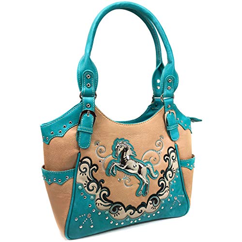 Zelris Western Mustang Horse Turquoise Embroidery Conceal Carry Women Tote Purse (Tan)