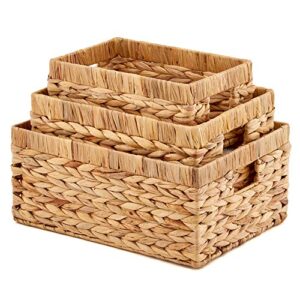 ezoware set of 3 natural water hyacinth wicker baskets, environmental friendly natural storage organizer nesting boxes with handle – mixed size (1 large, 1 medium, 1 small)