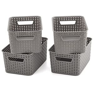 ezoware pack of 4 small gray plastic woven knit baskets, 11 x 7.3 x 5 inch storage organizer bins boxes for office, classroom, desktop, drawer and more