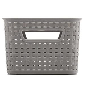 EZOWare Pack of 4 Small Gray Plastic Woven Knit Baskets, 11 x 7.3 x 5 inch Storage Organizer Bins Boxes For Office, Classroom, Desktop, Drawer and More