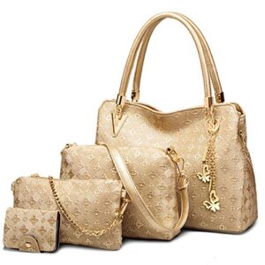 fivelovetwo women pu ladies handbag purse tote satchel shoulder bag tassel print 4pcs set top handle bag clutch card holder gold
