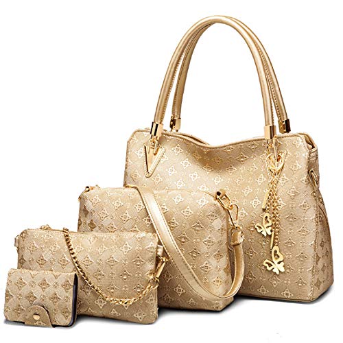 FiveloveTwo Women PU Ladies Handbag Purse Tote Satchel Shoulder Bag Tassel Print 4pcs Set Top Handle Bag Clutch Card Holder Gold