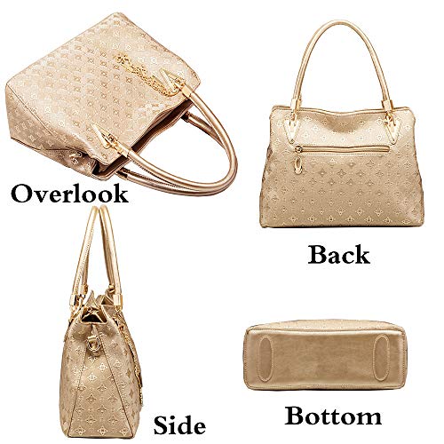 FiveloveTwo Women PU Ladies Handbag Purse Tote Satchel Shoulder Bag Tassel Print 4pcs Set Top Handle Bag Clutch Card Holder Gold