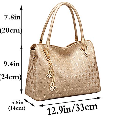 FiveloveTwo Women PU Ladies Handbag Purse Tote Satchel Shoulder Bag Tassel Print 4pcs Set Top Handle Bag Clutch Card Holder Gold
